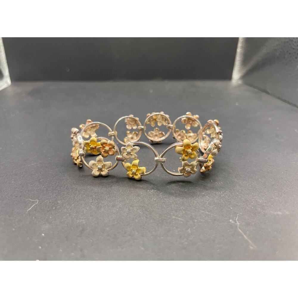 Vtg ROSS SIMON 925 Sterling Silver ThreeTone Flower Link Chain Bracelet Sz 7"